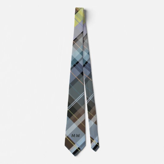 Monogram Initialen Plaid Dusty Blue Grey Brown Chi Stropdas (Voorkant)