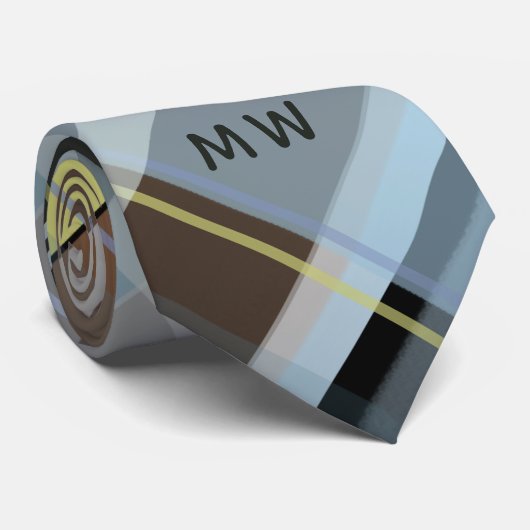 Monogram Initialen Plaid Dusty Blue Grey Brown Chi Stropdas (Opgerold)