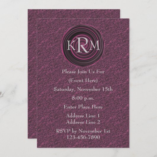 Monogram Initialen Plum Swirls Party Invite Kaart (Voorkant / Achterkant)