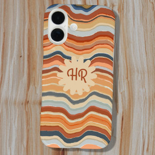 Monogram Initialen Retro Stripes Golven Sinaasappe iPhone 16 Hoesje