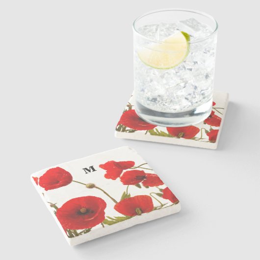 Monogram Initialen Rode papaverbloemen Waterverf Stenen Onderzetter (Zijkant)