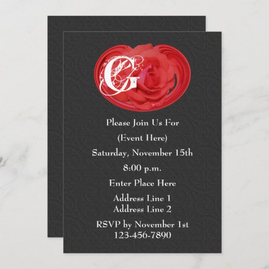 Monogram Initialen Rode roze Floral Design Invite Kaart (Voorkant / Achterkant)