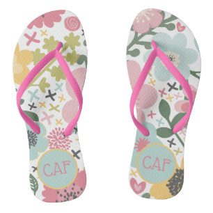 Monogram Initialen Roze Geel Blauw Groene Floral Teenslippers