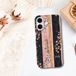 Monogram Initialen Roze Goud Zwart Bloemen Strepen iPhone 16 Hoesje