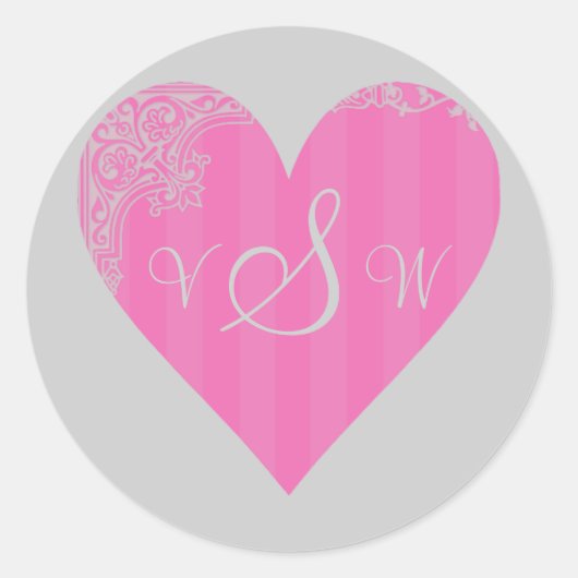 Monogram/Initialen - Roze & Grijs Victoriaans Hart Ronde Sticker (Voorkant)