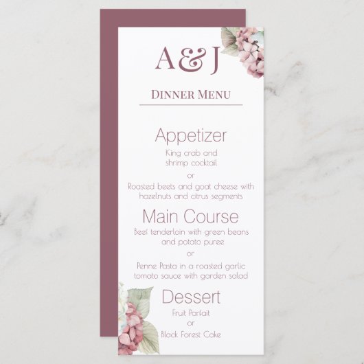 Monogram Initialen Roze & Wit Hydrangea Bloemen Menu (Voorkant / Achterkant)