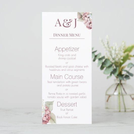 Monogram Initialen Roze & Wit Hydrangea Bloemen Menu (Staand voorkant)