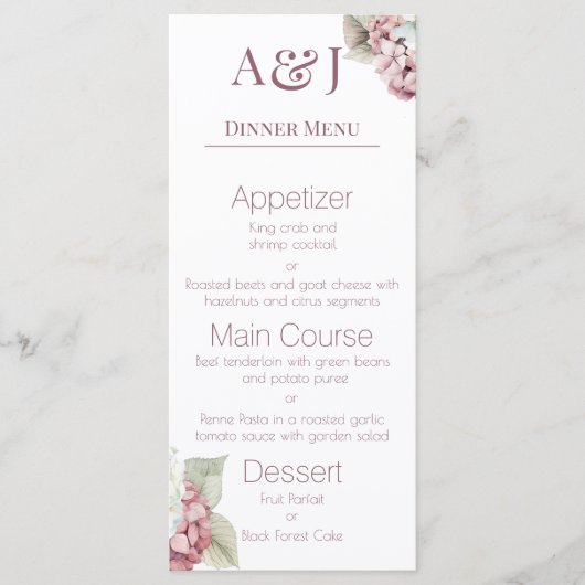 Monogram Initialen Roze & Witte Hydrangea Bloemen Menu (Voorkant)