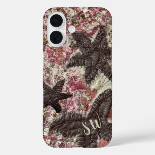 Monogram Initialen Schattige Perzik Grijs Crème Bl iPhone 16 Hoesje