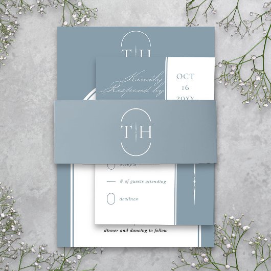 Monogram Initialen Stoffig Blauw Bruiloft Uitnodigingen Wikkel