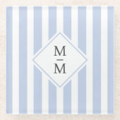 Monogram initialen stoffige lichtblauwe witte stre glazen onderzetter (Voorkant)