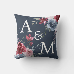 Monogram Initialen Stusty Roos Blauw Floral Donker Kussen