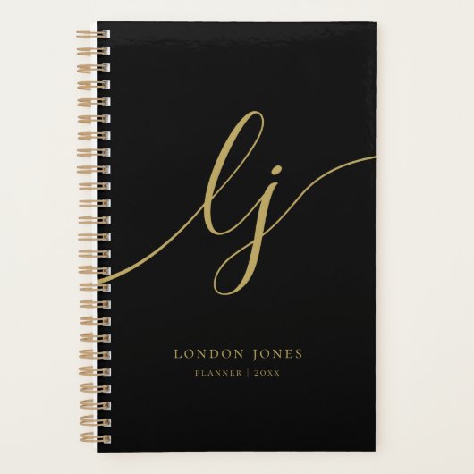 Monogram Initialen Zakelijk Zwart Goud Initialen Planner (Voorkant)