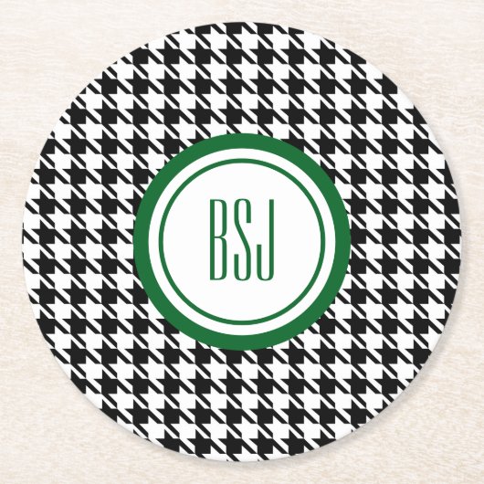 Monogram Initialen, zwart-wit Houndstooth (6) Ronde Kartonnen Onderzetter (Voorkant)