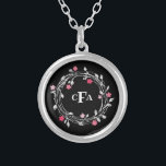Monogram Initialen Zwart Witte Roze Floral Zilver Vergulden Ketting<br><div class="desc">Gepersonaliseerd zwart-wit Ketting met verzilverd zwart-wit</div>