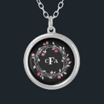 Monogram Initialen Zwart Witte Roze Floral Zilver Vergulden Ketting<br><div class="desc">Gepersonaliseerd zwart-wit Ketting met verzilverd zwart-wit</div>
