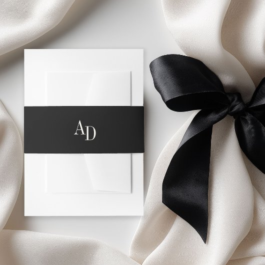 Monogram initials elegant black ivory wedding uitnodigingen wikkel