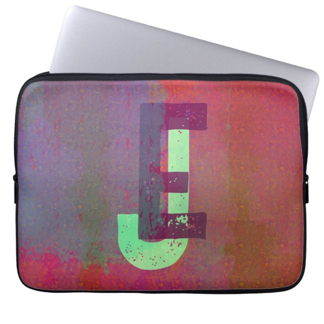 Monogram Initials Grunge Funky Purple Green Art Laptop Sleeve (Voorkant)