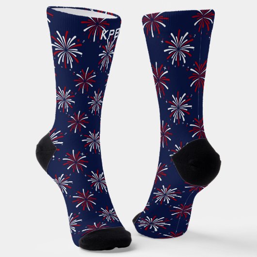 Monogram Initials Red & White Fireworks on Blue Sokken (Gebogen)