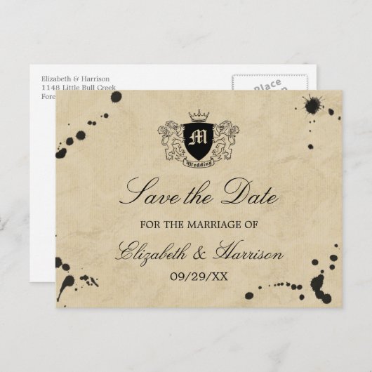 Monogram & Inktvlek Bruiloft Bewaar de datum Aankondigingskaart (Voorkant / Achterkant)