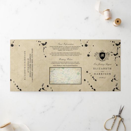  Monogram & Inktvlek Bruiloft Suite Drieluik Uitnodiging (Buitenkant)