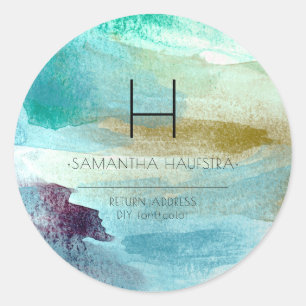 Monogram iriserende aqua blauw geborstelde Waterve Ronde Sticker