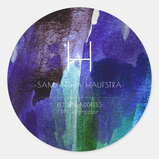 Monogram iriserende indigo geborstelde Waterverf Ronde Sticker (Voorkant)