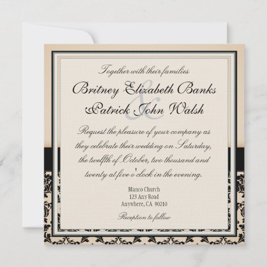 Monogram Ivory & Black Damask Wedding Invitations Kaart (Achterkant)