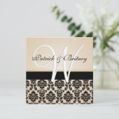 Monogram Ivory & Black Damask Wedding Invitations Kaart (Staand voorkant)