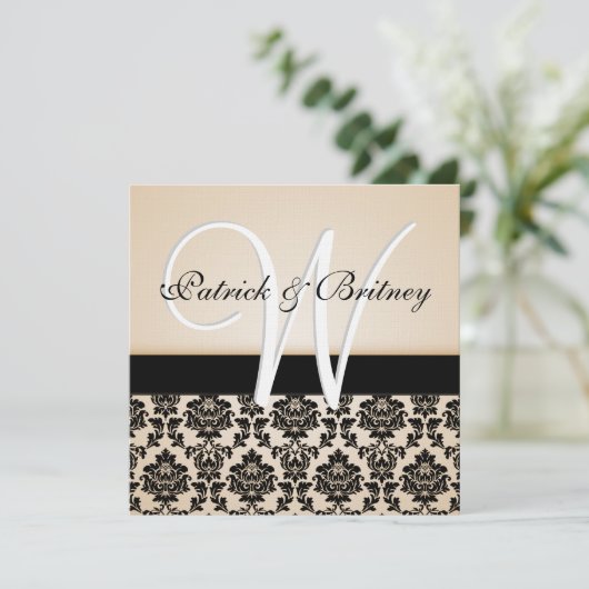 Monogram Ivory & Black Damask Wedding Invitations Kaart (Staand voorkant)