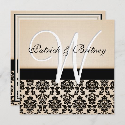 Monogram Ivory & Black Damask Wedding Invitations Kaart (Voorkant / Achterkant)
