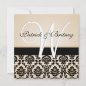 Monogram Ivory & Black Damask Wedding Invitations Kaart (Voorkant)