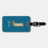 Monogram J blauwe houten letter bloem Bagage Label (Voorkant horizontaal)