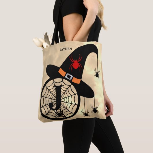 Monogram J Cloudy Witch Spiders Name All-Over Tote Bag (Dichtbij)