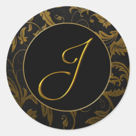 Monogram J Goud en Zwart Damast Bruiloft Seal Ronde Sticker