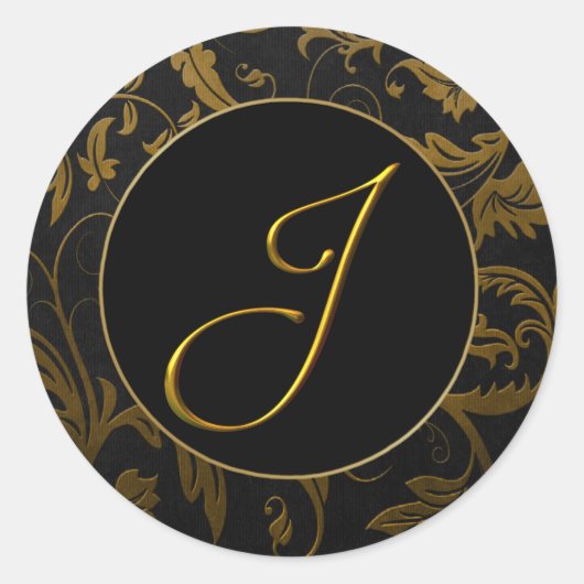 Monogram J Goud en Zwart Damast Bruiloft Seal Ronde Sticker (Voorkant)