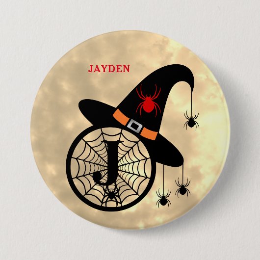 Monogram J Halloween Sky Witch Spiders Name Button (Voorkant)