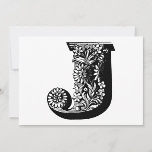 Monogram J Initiaal Black en White Floral Note Feestdagenkaart