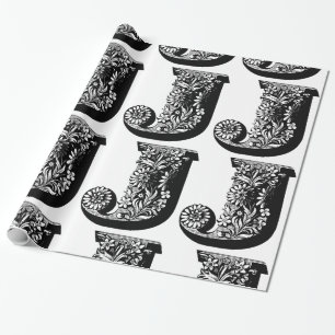 Monogram J Initiaal Black en White Floral Pattern Cadeaupapier