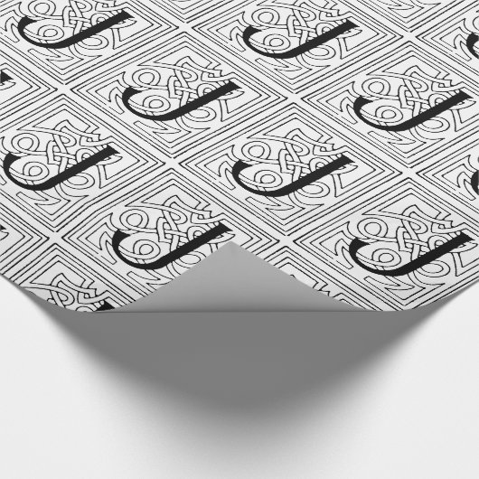 Monogram J Initiaal Black en White Scroll Pattern Cadeaupapier (Hoek)