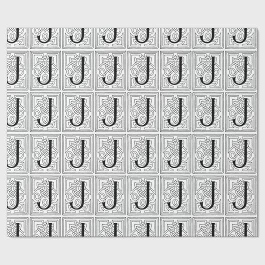 Monogram J Initiaal Black en White Scroll Pattern Cadeaupapier (Vlak)