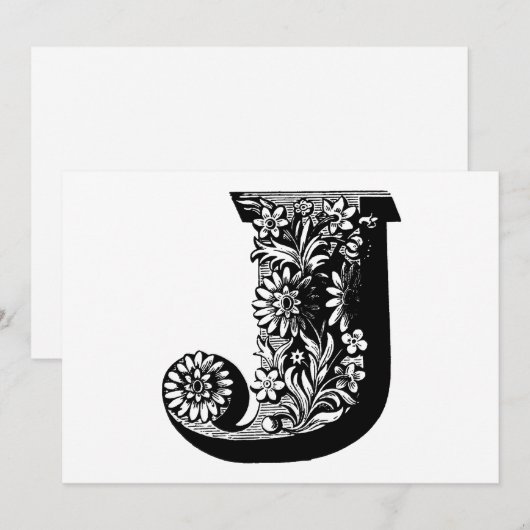Monogram J Initiaal Zwart en Wit Bloem Motief  Feestdagenkaart (Voorkant / Achterkant)