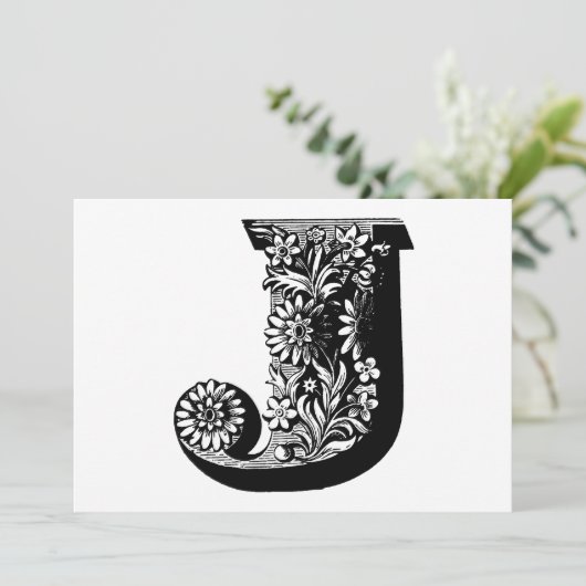 Monogram J Initiaal Zwart en Wit Bloem Motief  Feestdagenkaart (Staand voorkant)