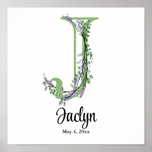 Monogram J Lavender Eucalyptus-kinderkamerposter Poster (Voorkant)