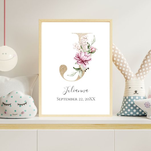 Monogram J Pink White Floral Gold Letter Nursery Poster