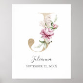 Monogram J Pink White Floral Gold Letter Nursery Poster (Voorkant)
