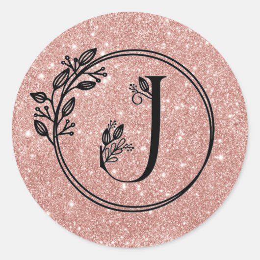 Monogram J Roos Goud Blush Roze Glitter Bloemen Ronde Sticker (Voorkant)