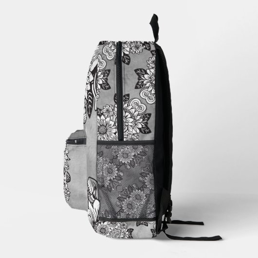 Monogram "J" Sunflower Pattern Black and White DIY Bedrukte Rugzak (Rechts)