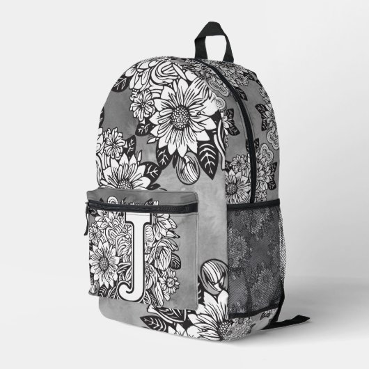 Monogram "J" Sunflower Pattern Black and White DIY Bedrukte Rugzak (Achterkant Hoek Rechts)