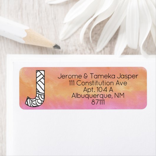 Monogram "J" Tangle Letter Oranje Roze Waterverf Etiket (Insitu)